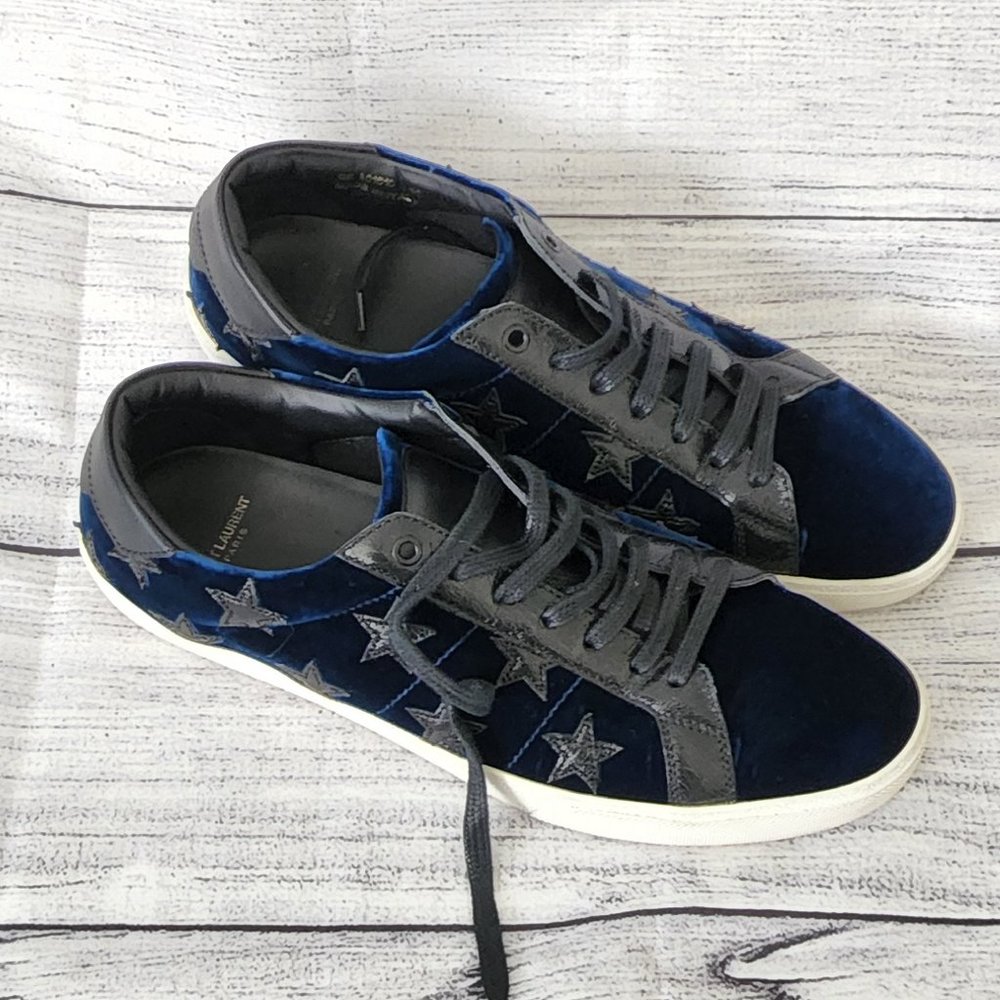 Saint Laurent Navy Blue and Gray Velvet Star Sneakers